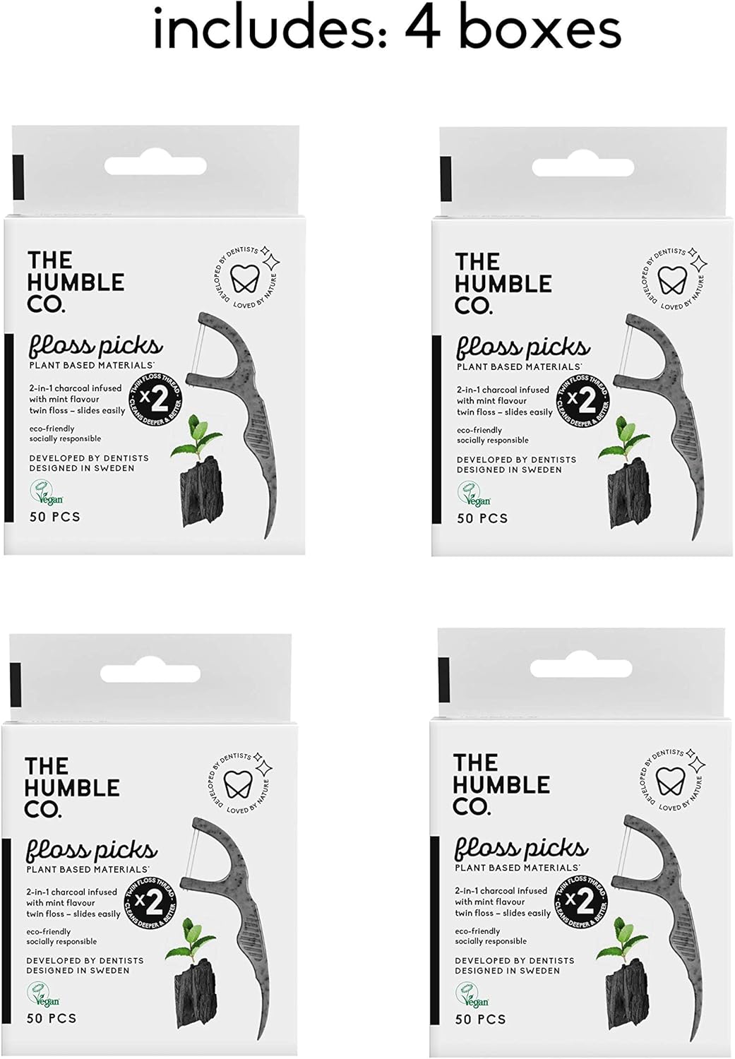 The Humble Co. Natural Dental Floss Picks (200 Count) - Vegan, Eco Friendly, Sustainable Dental Flossers and Zero Waste Plaque Remover for Oral Care with a Fresh Feel (Charcoal, Double Thread) : Beauty