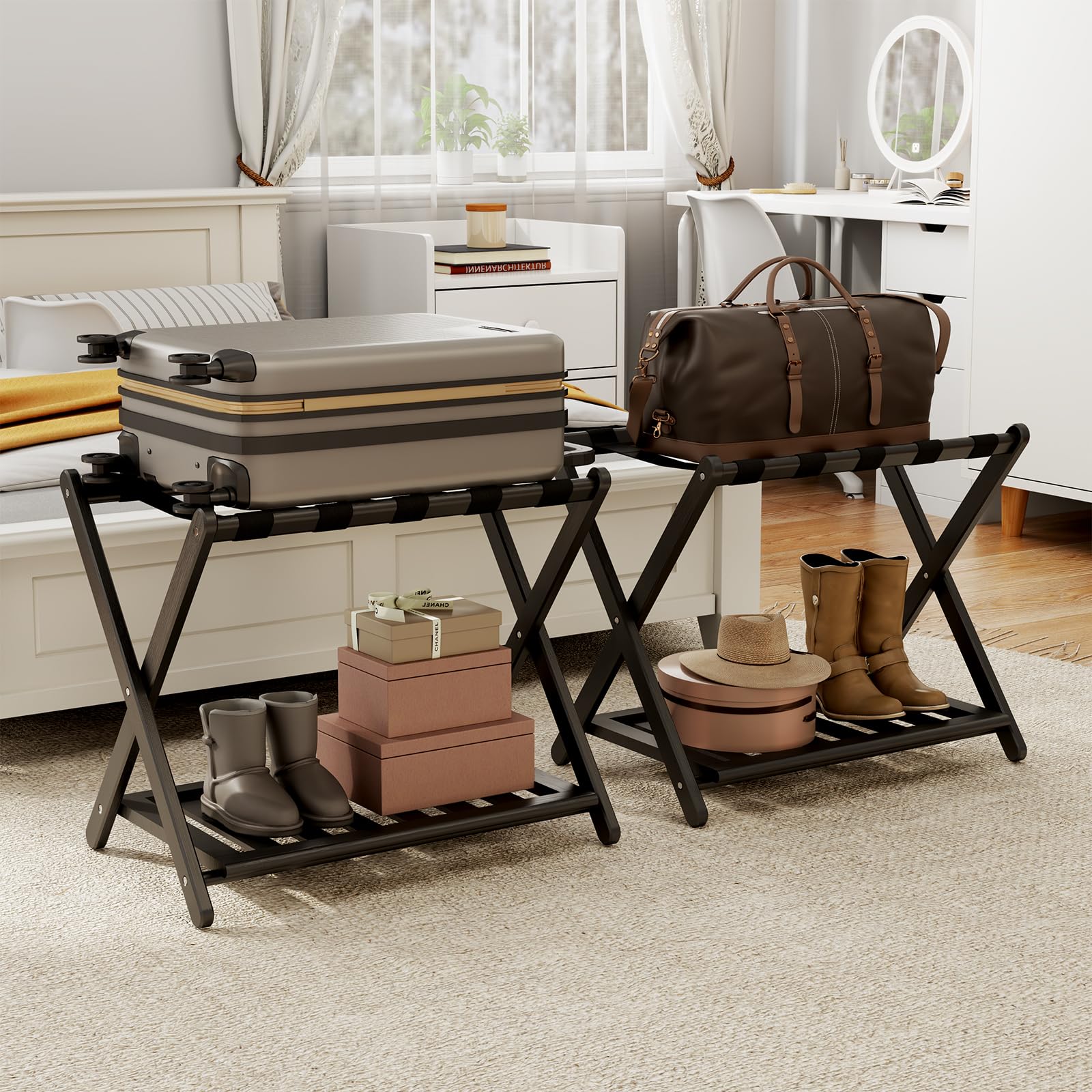Photo 1 of *Leg split* oakvivo 2 Pack Fully Assembled Black Luggage Racks, Bamboo 26.77" Folding Suitcase Stand for Guest Room with 5 Nylon Straps, Heavy Duty, Upgraded Luggage Rack Holder with Shelf for Bedroom Hotel