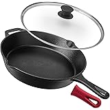 Pre-Seasoned Cast Iron Skillet (12-Inch) with Glass Lid and Handle Cover Oven Safe Cookware - Heat-Resistant Holder - Indoor