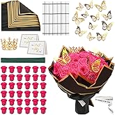 Ovveroche 36 PCS Hot Pink Glitter Roses Bouquet Kit, Sparkling Flower Arrangement with Stems, Butterflies, Crown, Wrapping Paper, Card, Ribbon for Wedding, Holiday, Mother’s Day, Birthday, DIY Crafts