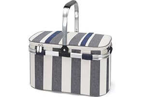 HappyPicnic Insulated Picnic Baskets, 26L Cooler Bag, Shopping Basket, Collapsible Picnic Cooler with Aluminium Handle for Food, Camping, Work or Outdoor Hiking - Wide Navy Blue Stripe