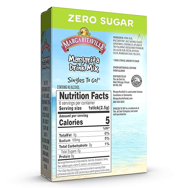 MARGARITAVILLE, SINGLES TO GO WATER DRINK MIX FLAVORED NONALCOHOLIC POWDER STICKS 6 COUNT, MARGARITA, 0.55 OUNCE