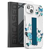 ENCASED Finger Loop Case Compatible with iPhone 14 Plus 6.7" (2022) Clear/Blue Butterfly Case for Women with Hand Strap and Screen Protector