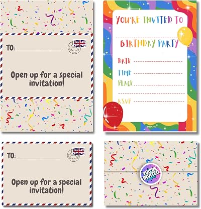 Cardlyst Rainbow Kids Birthday Party Invitations 24-32 A5 Invites & Envelopes UK