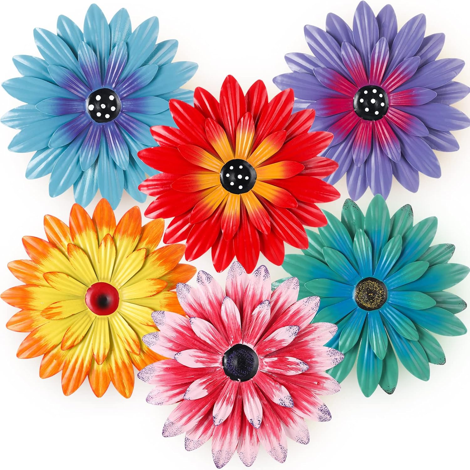 Plaques & Wall Art - Zhehao 6 Pcs Metal Flower Wall Art Decor 8 Inch Sunflower Wall Decorations Hanging Outdoor Metal Wall Art Multicolored Handmade Metal Flowers Outdoor Decor (Cute Color)