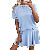 EVALESS Two Piece Sets for Women Summer Outfits Ribbed Knit Short Sleeve Tops and Lined Pleated Mini Skirt Lounge Sets