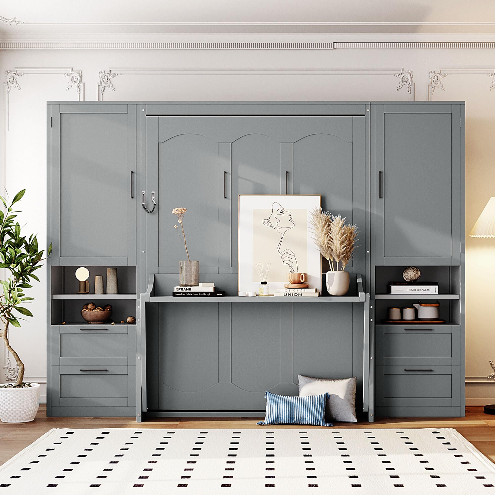 Photo 1 of **ONLY BOX 2 OUT OF 4, MISSING 3 BOXES**Merax Full Size Murphy Bed with Desk, Space-Saving Wall Bed Frame with Closet, Drawers and Shelves, Multifunctional Foldable Platform Bed for Small Spaces Studio Study Office Guest Room, Gray