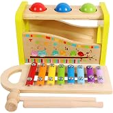 TOWO Wooden Hammer Ball and Xylophone Set, Pounding Bench Toy | Includes mallet, pegs, balls and xylophone; supports fine motor skills, sensory play and musical activity, gift age 1+