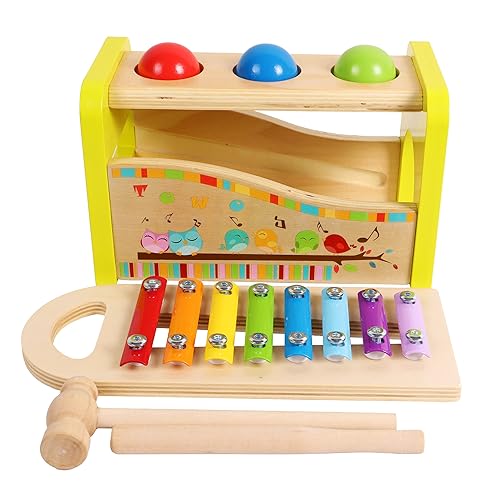 TOWO Wooden Hammer Ball and Xylophone Set - Mallet and Pegs Pound a Ball Tap Bench- Toys for Babies 1 year old Baby Boy Girl Toddler Gift - Small Motor Skill Sensory Musical Activity Toys for Kid