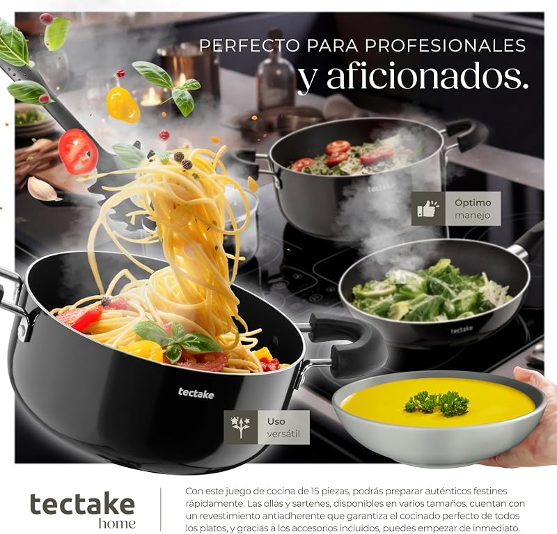 ® Conjunto Completo de Loiça, Louça Moderna Completa, Pratos de Loiça, Taças de Cozinha, Taças de Pequeno-Almoço, Chávenas de Café, Panelas de Alumínio Inoxidável - 45 Peças Cinzento/Preto