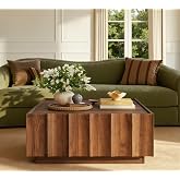 win2win Square Coffee Table with Storage, Wave Design, Walnut | Mid Century Modern Tea Table for Living Room Office, Minimalist Center Table, Top-Edge Finger Pull Design, Wood Grain Finish