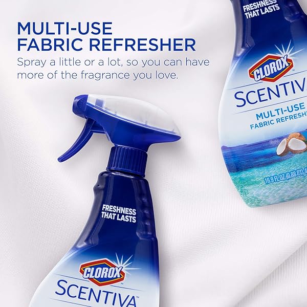 CLOROX SCENTIVA FABRIC REFRESHER SPRAY FOR HOUSEHOLD HOME FABRICS, ODOR REFRESHING SPRAY FOR UPHOLSTERY, CURTAINS, BEDDING AND CARPETS, PACIFIC BREEZE COCONUT SCENT, 16.9 FL OZ