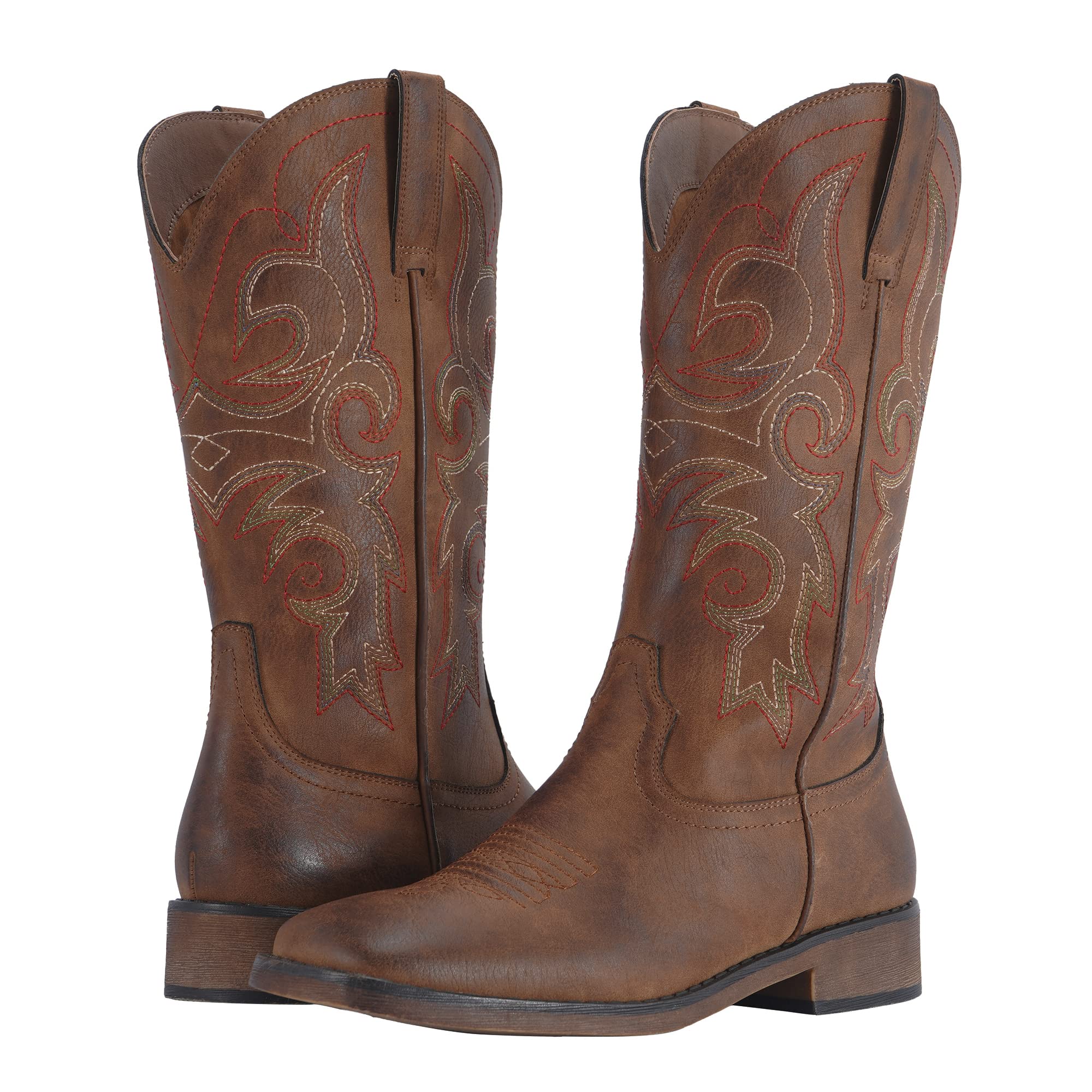 Photo 1 of SheSole Cowgirl Boots for Women Square Toe Mid Calf Embroidered Fashion Western Cowboy Boots Distressed Brown US Size 9