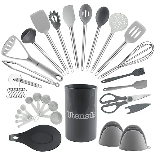 COOK WITH COLOR Silicone Cooking Utensils, Kitchen Utensil Set, Easy to Clean Silicone Kitchen Utensils, Cooking Utensils for Nonstick Cookware, Kitchen Gadgets Set, 38 Piece, Gray