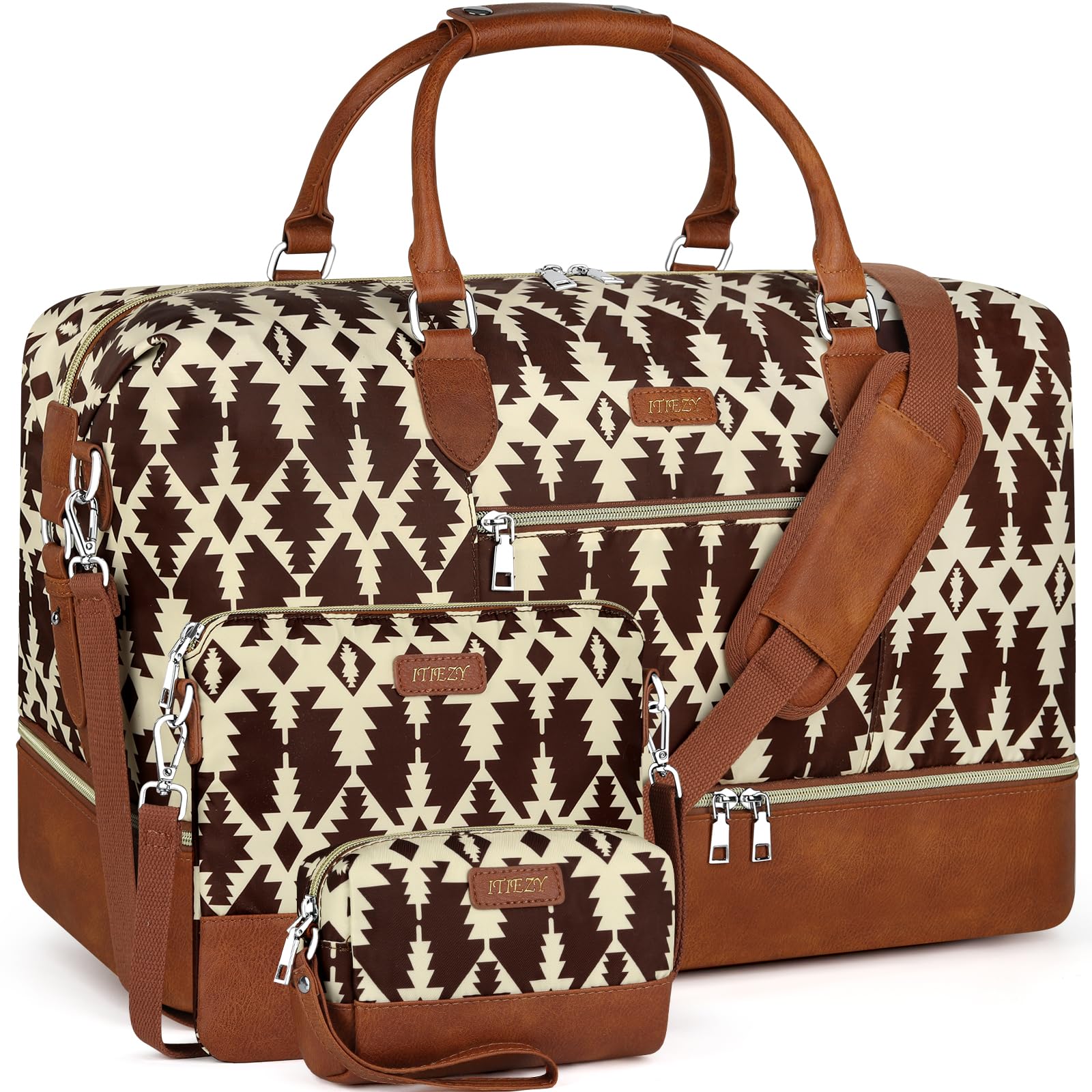 Women's 3-Piece Waterproof Travel Duffel Set - Weekender Overnight Bag with Shoe Compartment, Carry-On Tote & Toiletry Bag for Gym, Business Trip, Weekend Getaways Image