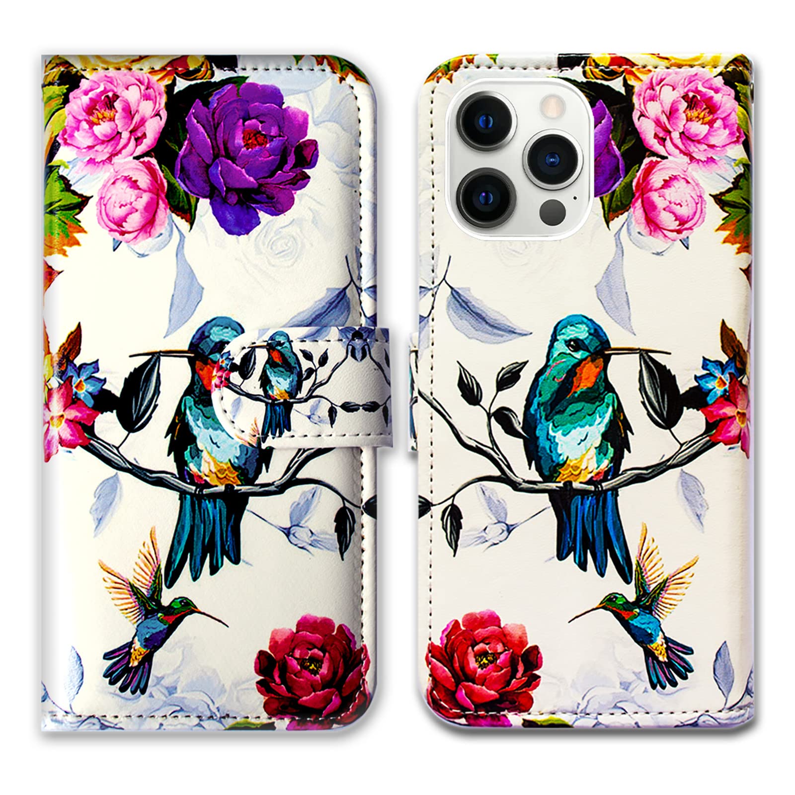 Bcov iPhone 14 Pro Max Case, Hummingbird In Flowers Bird Leather Flip Phone Case Wallet Cover with Card Slot Holder Kickstand For iPhone 14 Pro Max