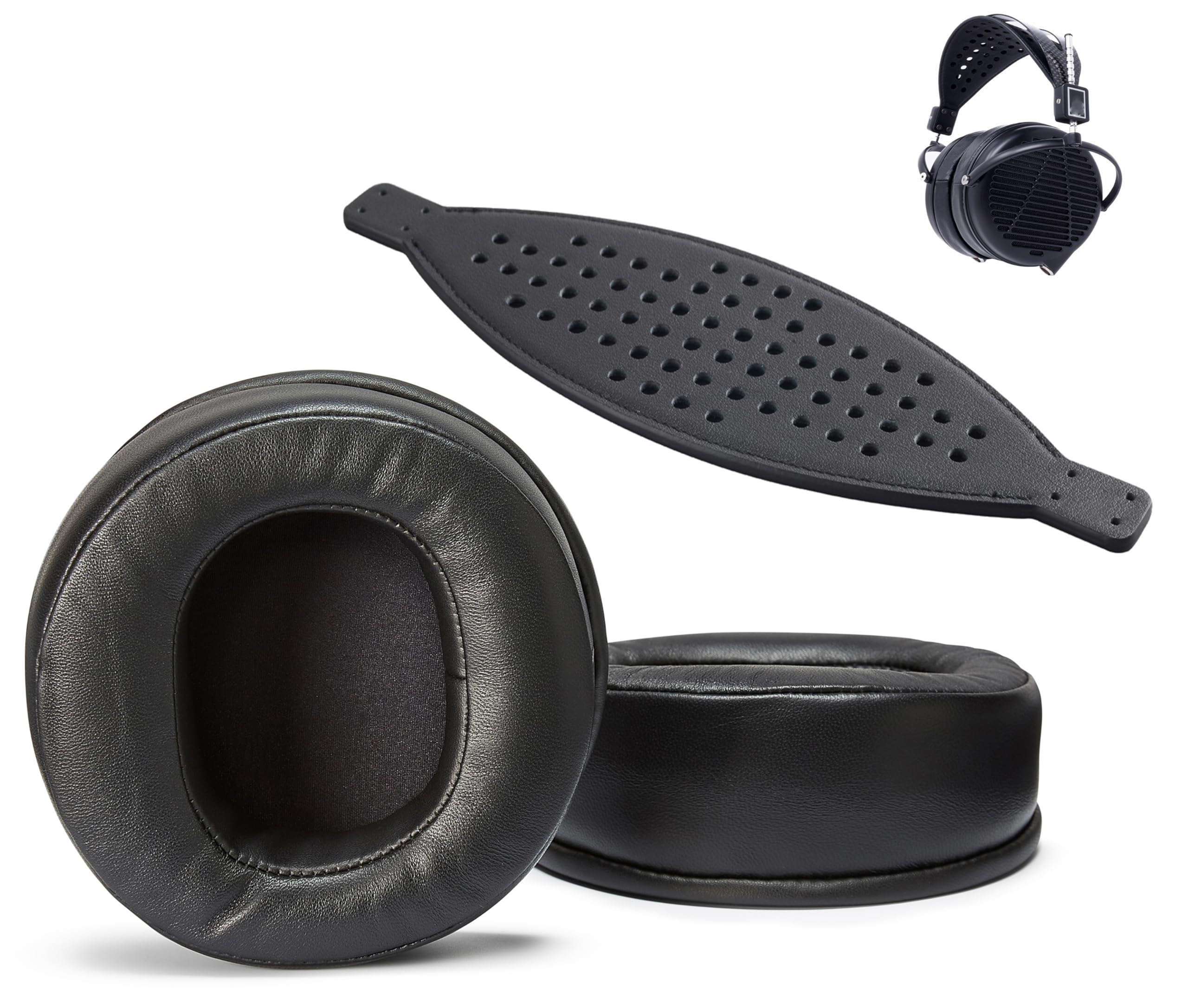 AHG Premium Sheepskin Ear Pads and Cowhide Headband Strap Compatible with Audeze LCD Headsets (Black) | FlexiSoft Foam