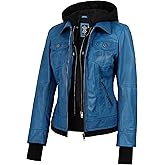 Blingsoul Hooded Leather Jacket Women - Real Lambskin Womens Leather Jackets with Detachable Hood