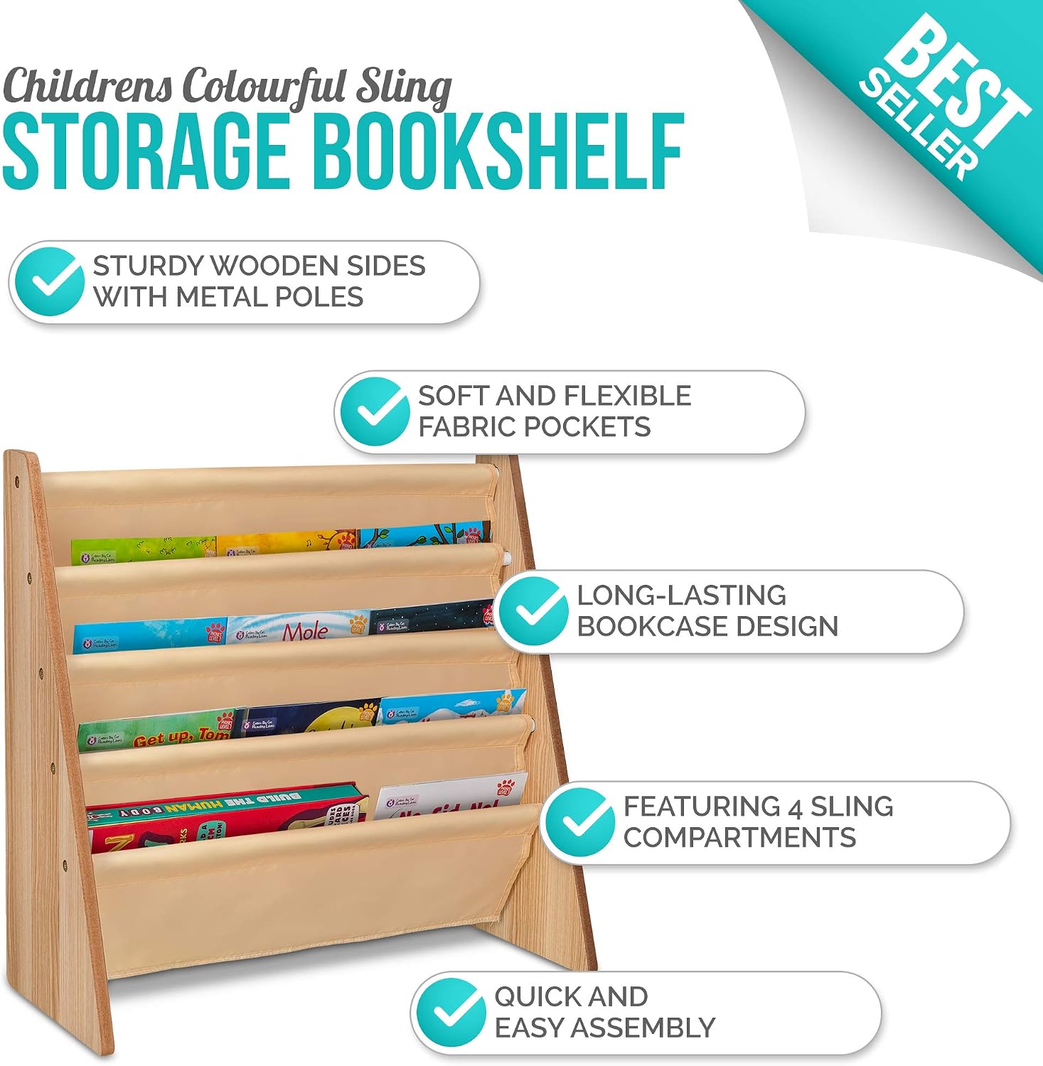 LIVIVO Colorful Kids Bookshelf, 4 Tier Children's Bookcase, Magazine and Book Storage Rack, Wooden Sling Book Organizer - Image 4