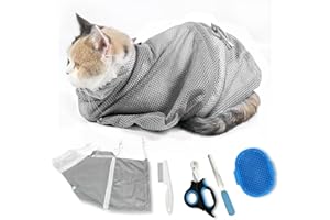 MSMUOEZ Adjustable Multifunctional Anti-Bite Shower net Bag，Cat Grooming Mesh Bag, Cat Bathing Bag，Cat Bath Brush and Cat Nail Clipper (A-Grey)