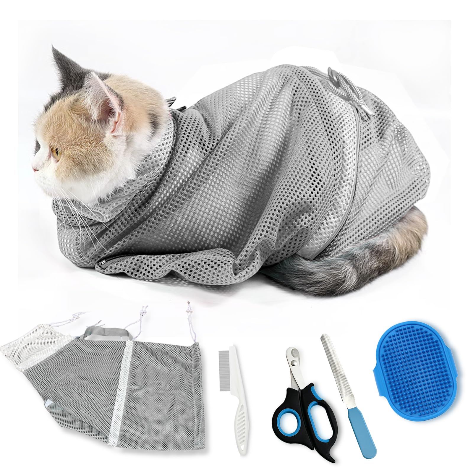 Photo 1 of MSMUOEZ Adjustable Multifunctional Anti-Bite Shower Net, Cat Grooming Mesh Bag, Bath Brush & Nail Clipper (A-Grey)