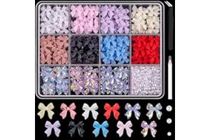 BELLEBOOST 600 Pcs Bow Nail Charms and Flatback Pearls Set 2, 11 Colors Shiny Cute Bow Charms Nail Jewels and 2-4mm White Nail Pearls for Nail Art DIY Decoration with Pickup Tools