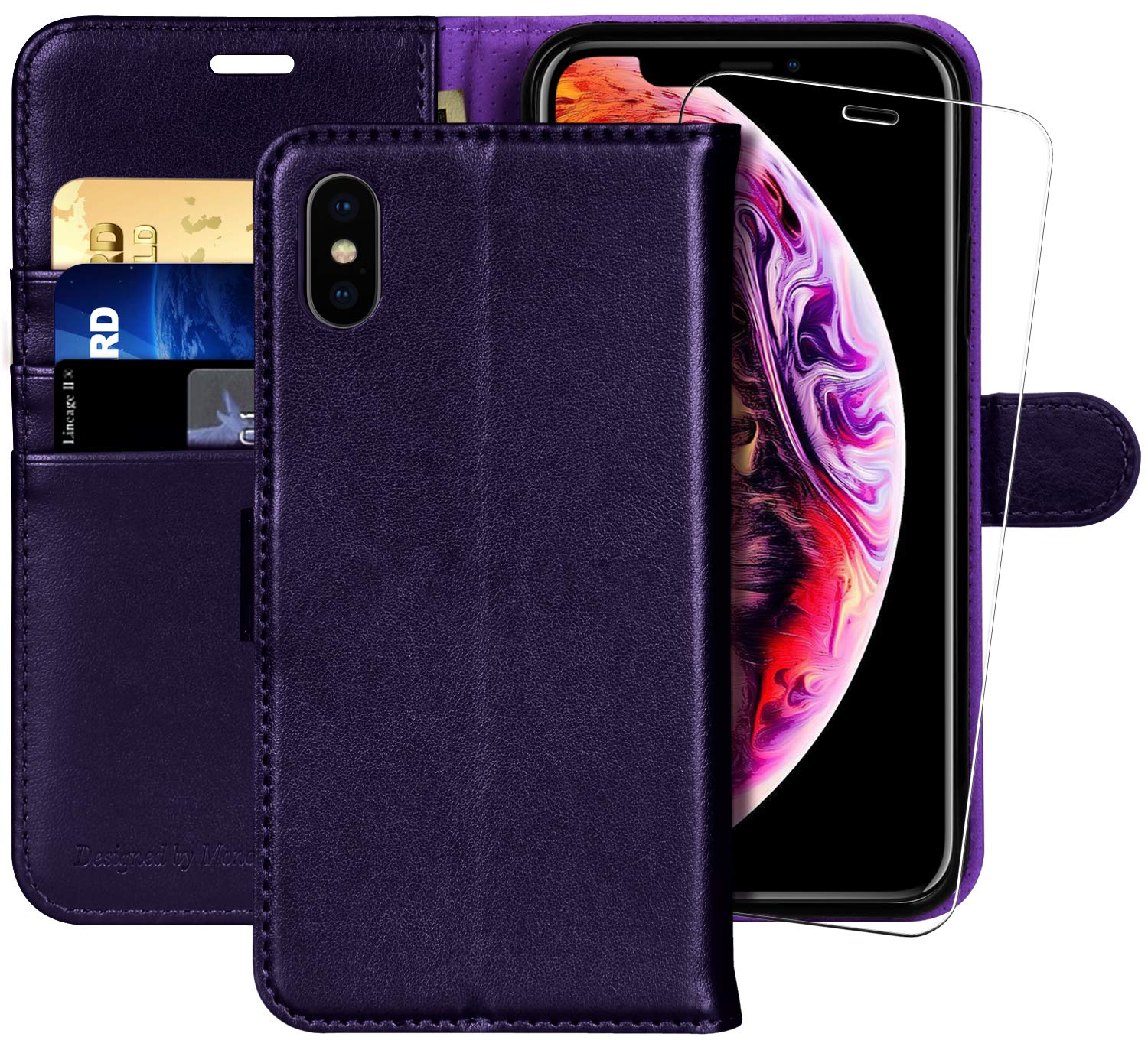 MONASAY iPhone Xs MAX Wallet Case,6.5-inch, [Glass Screen Protector Included][RFID Blocking] Flip Folio Leather Cell Phone Cover with Credit Card Holder for iPhone Xs MAX,Purple — image 1