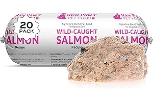 Raw Paws Signature Pet Food for Dogs & Cats - Wild Caught Salmon, 1-lb Rolls (20 Pack) Made in USA Salmon Dog Food - Raw Frozen Fish Dog Food - Sensitive Stomach Cat Food