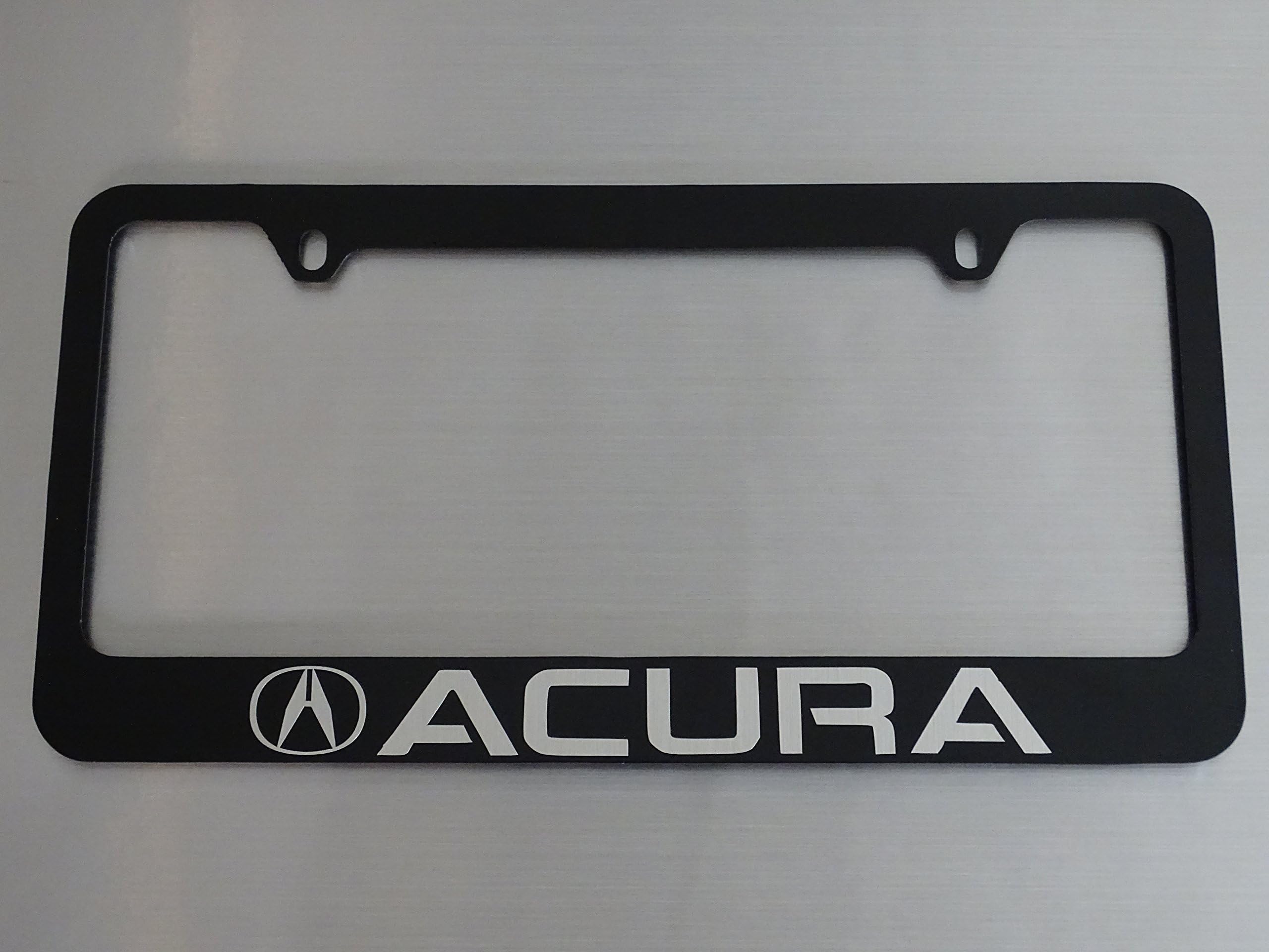 Acura License Plate Frame, Glossy Black Metal, Brushed Aluminum Text