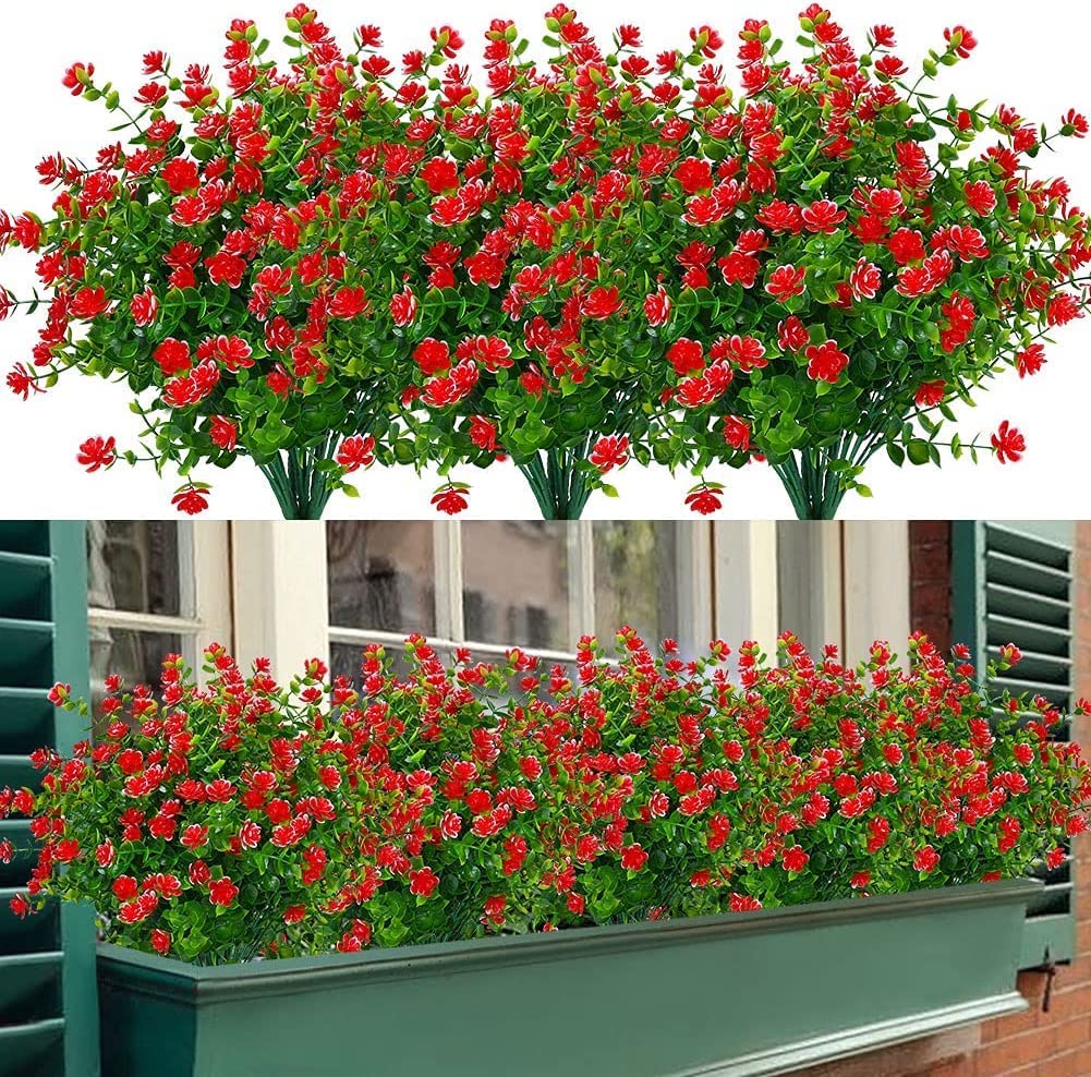LOMOHOO 8 Bundles Artificial Flowers,Fake Flowers in Bulk,Artificial Plants Outdoor UV Resistant Plastic Shrubs for Home Garden Window Wedding Decor
