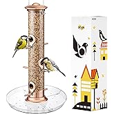 iBorn Bird Feeder for Outdoors Seed Catcher Copper,1.3 LB | iBorn 15 inch Height, Stainless Steel Hanger, Flip-Top Fill, Metal Roof, Easy-Clean, 6 Ports