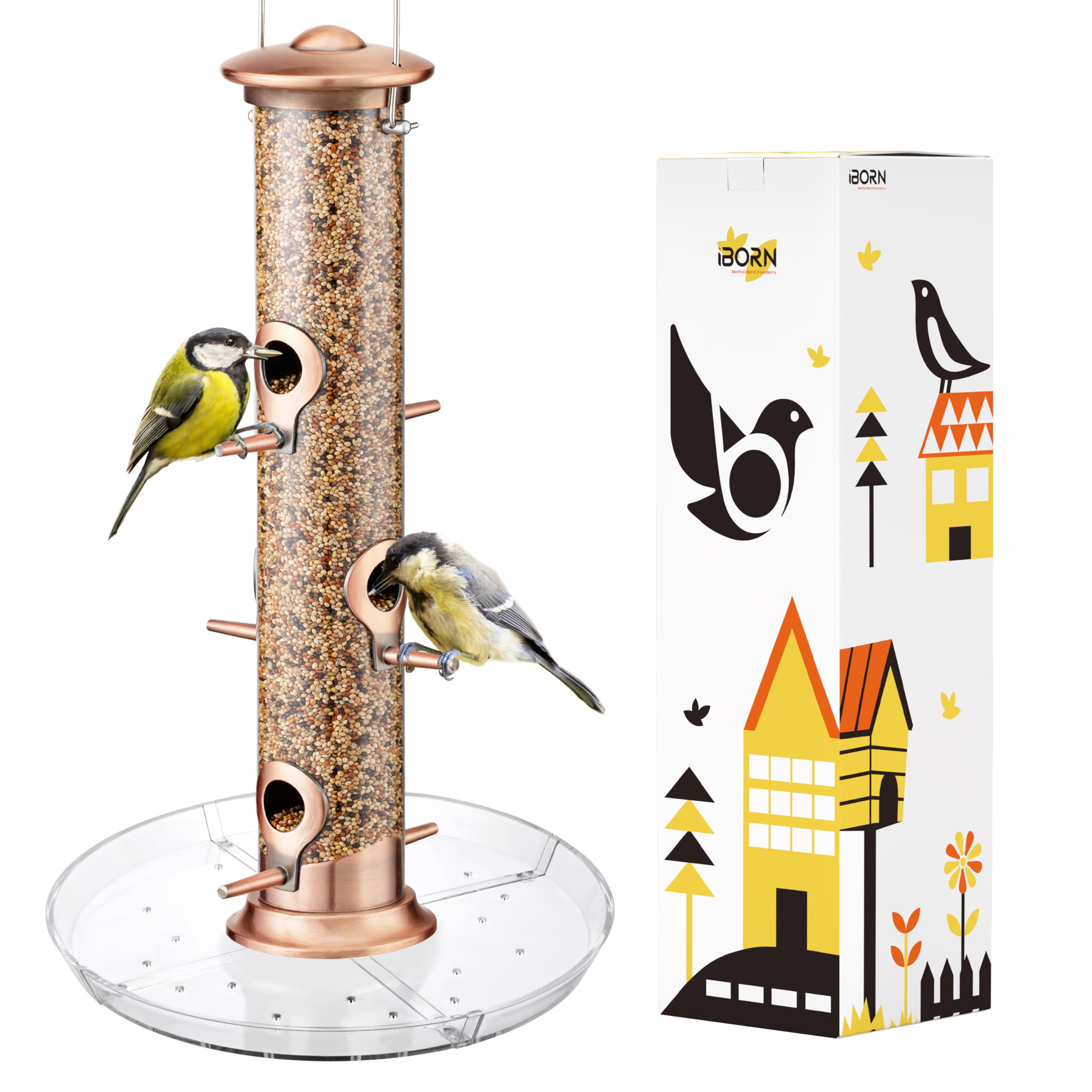 iBorn Bird Feeders Seed Catcher for Outside Hanging 6 Port Bird Feeder for Cardinal Birds Aluminium Metal,Brushed Copper Finishing 14 Inch 6 Port (Seed is not Included)