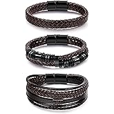 REVOLIA 3Pcs Black Leather Bracelets for Men Women Braided Leather Wristband Cuff Bracelets Multi-Layer Braided Leather Bracelets Set 7.5-9 Inches