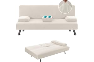 LiveGo Futon Cover 4 Pieces Stretch Futon Covers Sofa Bed Slipcover with Removable Armrests and Cupholders Covers Furniture Protector High Spandex Small Checks Jacquard Fabric (Ivory)