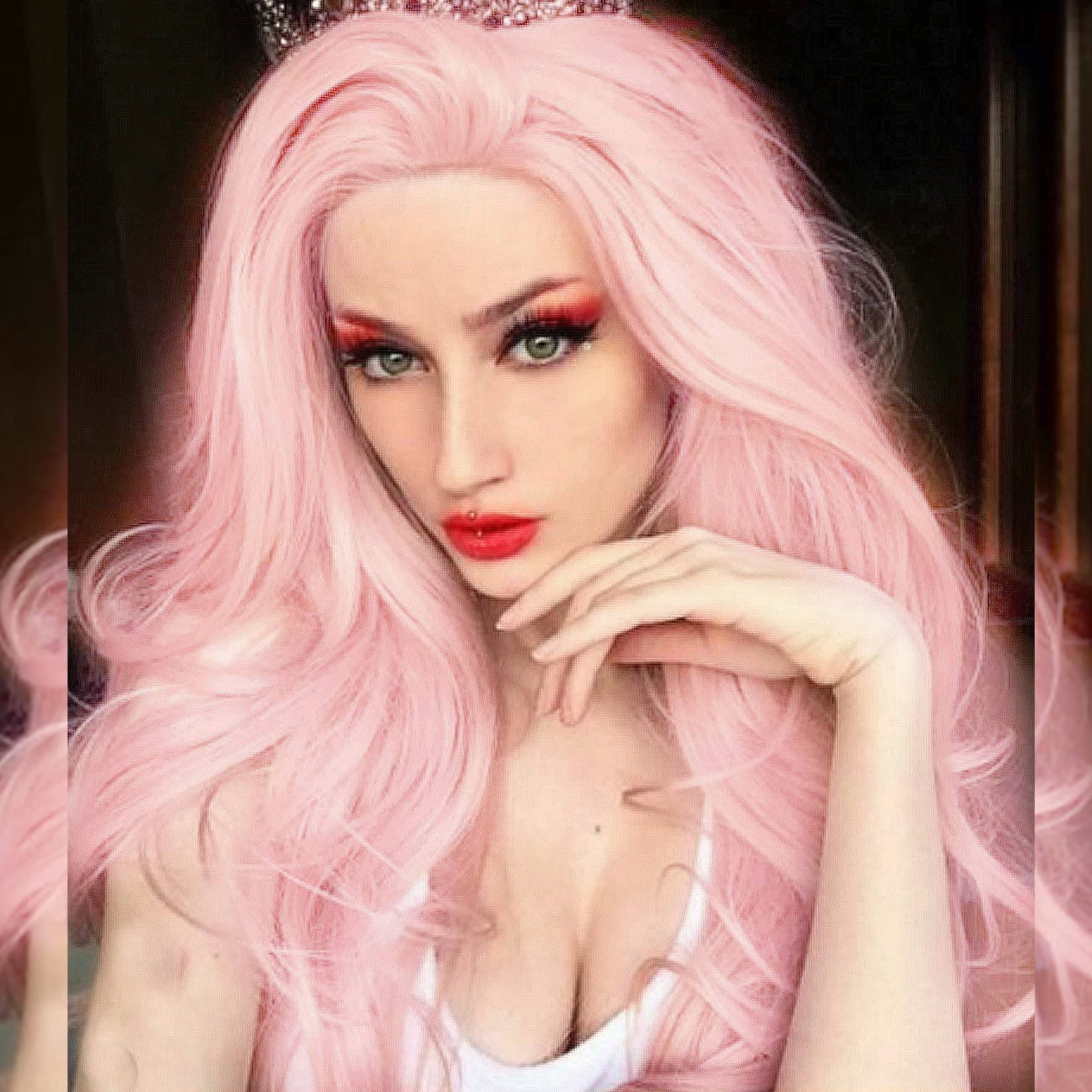 Pink Wig Really Long Wig Wavy Peach Pink Lace Front Wigs for Women Glueless Lace Wigs Pastel Pink Natural Hairline Pre Plucked Synthetic Heat Resistant Fiber Hair Daily 24inch
