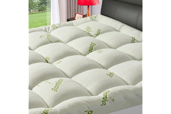 Premium Bamboo Queen Size Mattress Topper for Back Pain, 1200 GSM Quilted Fitted Extra Thick Mattress Pad for Bed,Pillow Top