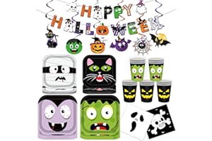 XUELIREN Halloween Party Supplies for Kids Child Square Plate with Banner and Hanging Swirl for Halloween Themed Party Decorations