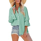 Gleeivy Oversize Striped Button Down Shirts Women Smocked Boyfriend Long Sleeve Blouse Ruffle Casual Tops with Pocket