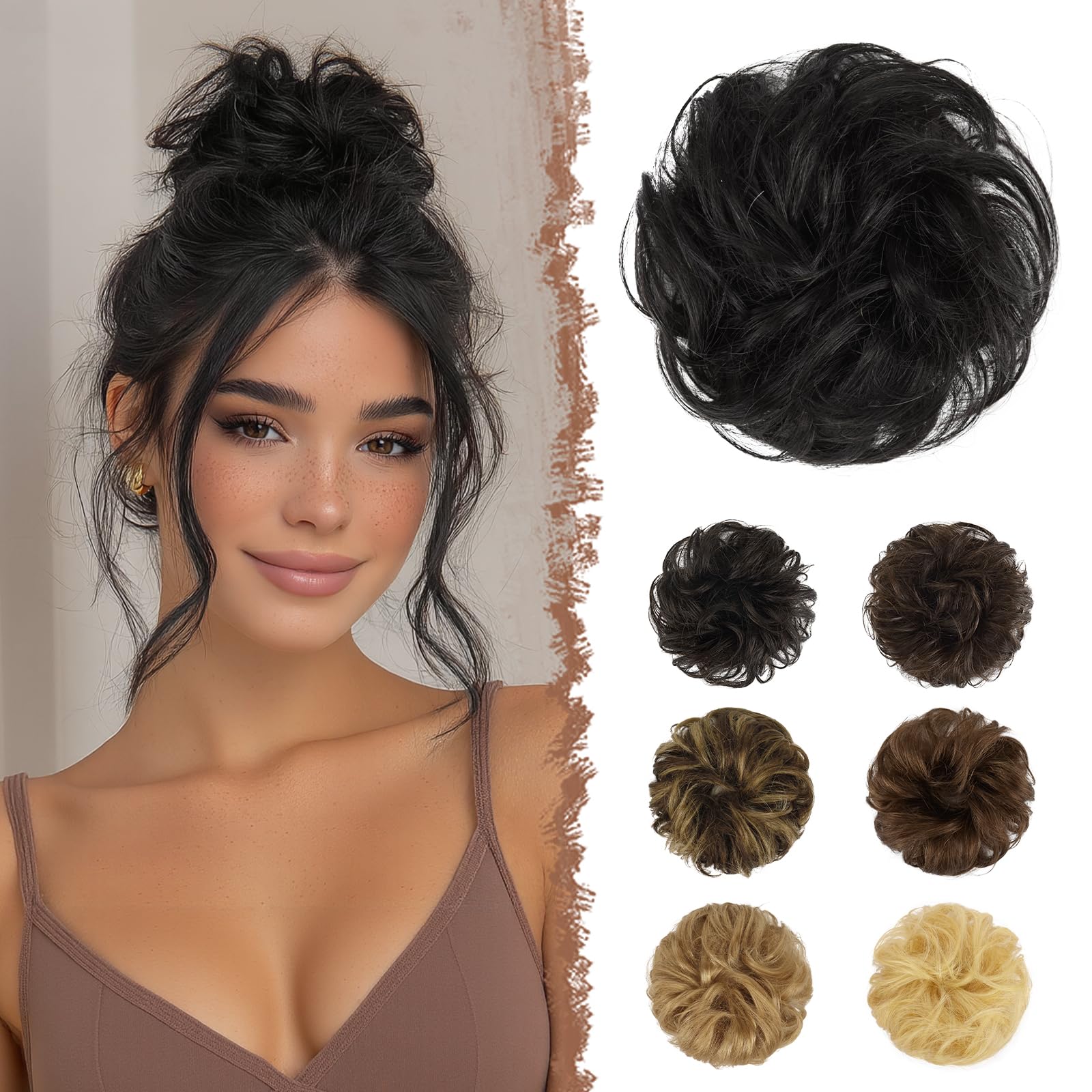 FESHFEN Human Hair Messy Buns, 100% Human Hair Bun Hair Piece Real Hair Extension Wavy Curly Hair Scrunchies Tousled Updo Chignon Hairpieces for Women Girls, Natural Black