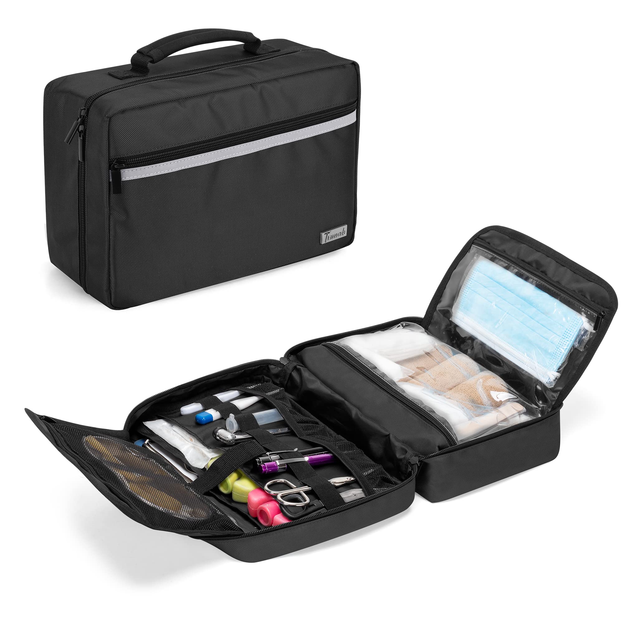 Trunab Small Medical Bag Empty, First aid Bag with 2 Inner Flap, Portable Emergency Kits Trauma Bag with More Storage for Medical Supplies, Black - Patented Design