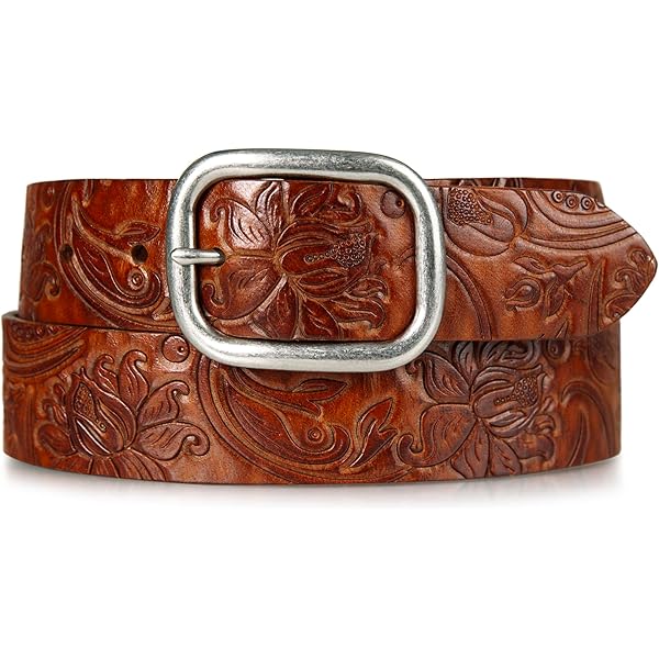 NWT Lucky Brand Cognac Floral Embossed Belt LUCKY BRAND Brown Leather Belt Embroidered Floral Boho Brass  main image 4
