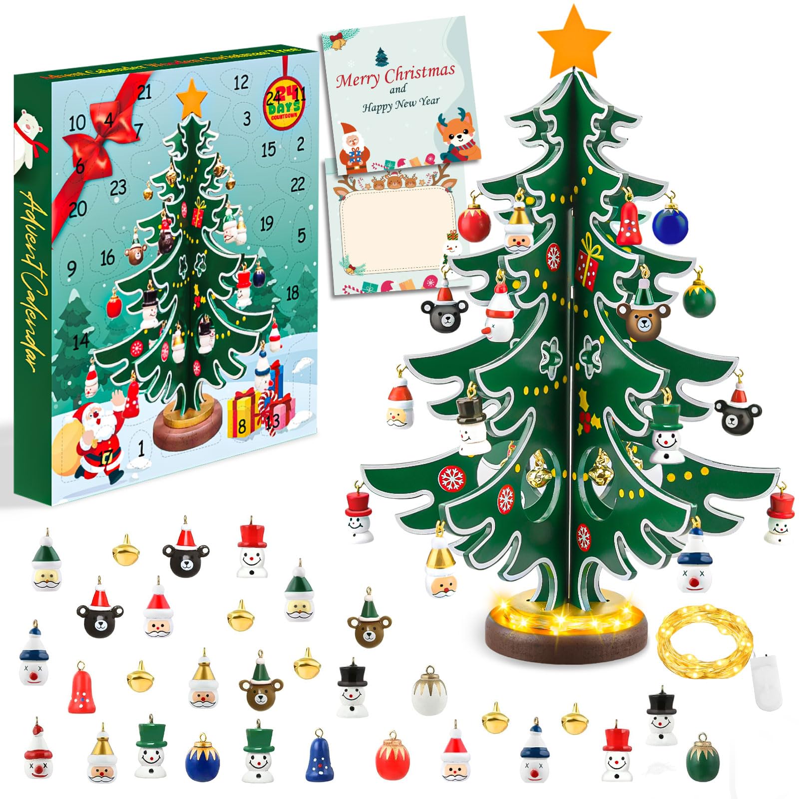 FFZZKJ Advent Calendar 2025 Kids with Lights 24 Days Countdown Wooden Christmas Tree with 30 Ornaments for Christmas Table Decoration, Christmas Decorations
