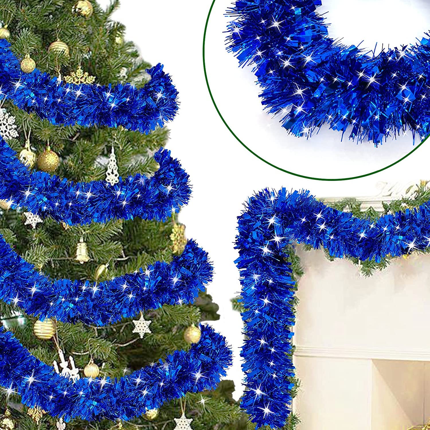 ZKTYQUIHE 4 Pack Total 28 Ft Tinsel Garlands Christmas Tree Decorations, Thick Thin Metallic Streamers Xmas Garland Holiday Christmas Decorations Home Indoor Outdoor Party Supplies,Blue