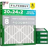 Filterbuy 20x24x2 Air Filter MERV 8 Dust &amp; Allergy Defense (4-Pack) | Electrostatic Pleated HVAC AC Furnace Filters Replacement, Made in USA (Actual Size: 19.38 x 23.38 x 1.75)