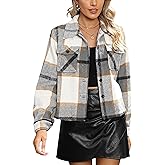 UANEO Womens Cropped Plaid Shacket Button Down Short Flannel Shirt Jacket with Pockets (LightGrey, S)