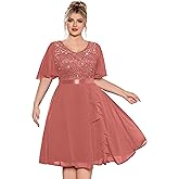 MISSMAY Women's Plus Size V-Neck Sequin Floral Lace Ruffle Style Cocktail Dress for Wedding Guest