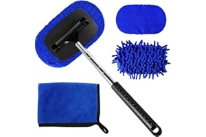 LeeLoon 5 PCS Windshield Cleaner Tool, 40 Inch Microfiber Windshield Cleaning Tool with Extendable Handle, Windshield Cleaner Auto Inside Glass Glass Wiper Kit with Washable Microfiber Pads and Cloth