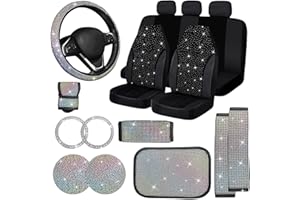 Jusen 17 Pack Bling Car Seat Covers Set Car Diamond Accessories Rhinestone Crystal Steering Wheel Cover, Bling Velvet Breathable (Multicolor, Half Part Bling)