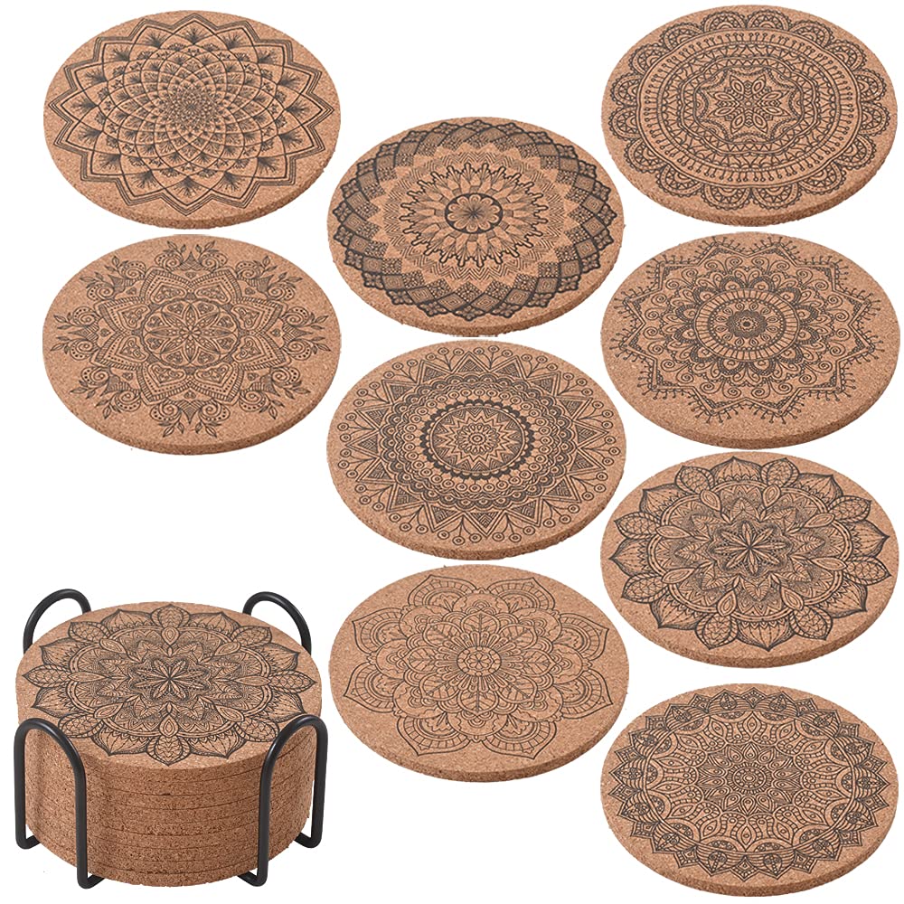 ionEgg Cork Coasters for Drinks Reusable Absorbent Cup Coaster for Cold or Warm Drinks, Pack of 9 with Metal Holder