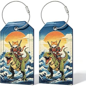 Fun Luggage Tags Cute 2Pcs Leather Cat Riding Dinosaur Durable Metal Ring | Cat Luggage Airtags for Suitcases Travel Necessit